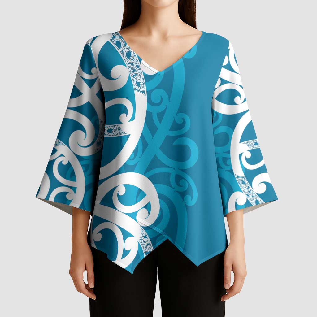 Azure Blue Maori Kimono Sleeve Blouse Koru Kowhaiwhai - Aussie Hoodie