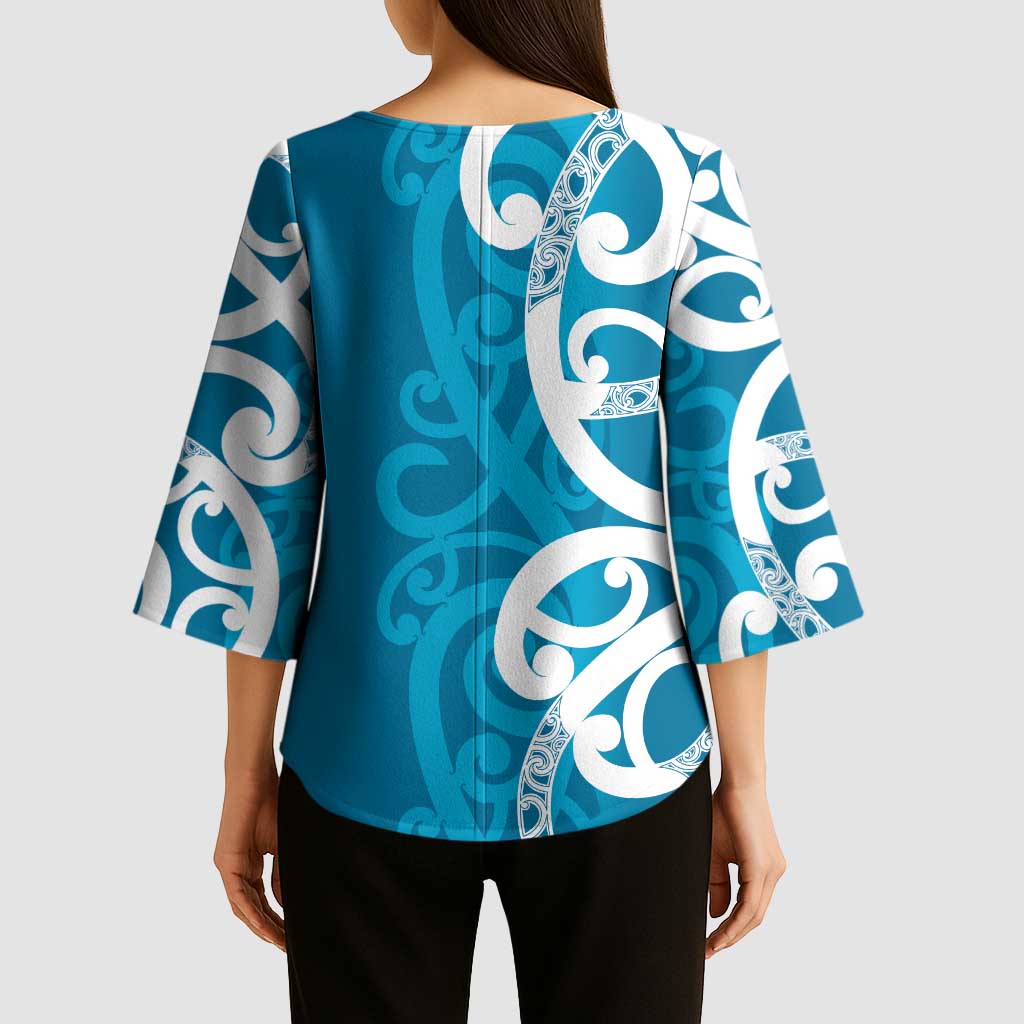 Azure Blue Maori Kimono Sleeve Blouse Koru Kowhaiwhai - Aussie Hoodie