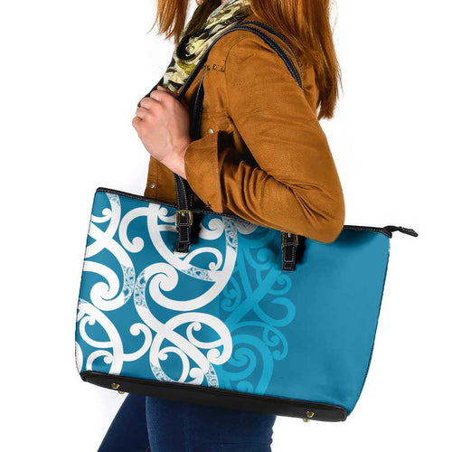 Azure Blue Maori Leather Tote Bag Koru Kowhaiwhai - Aussie Hoodie