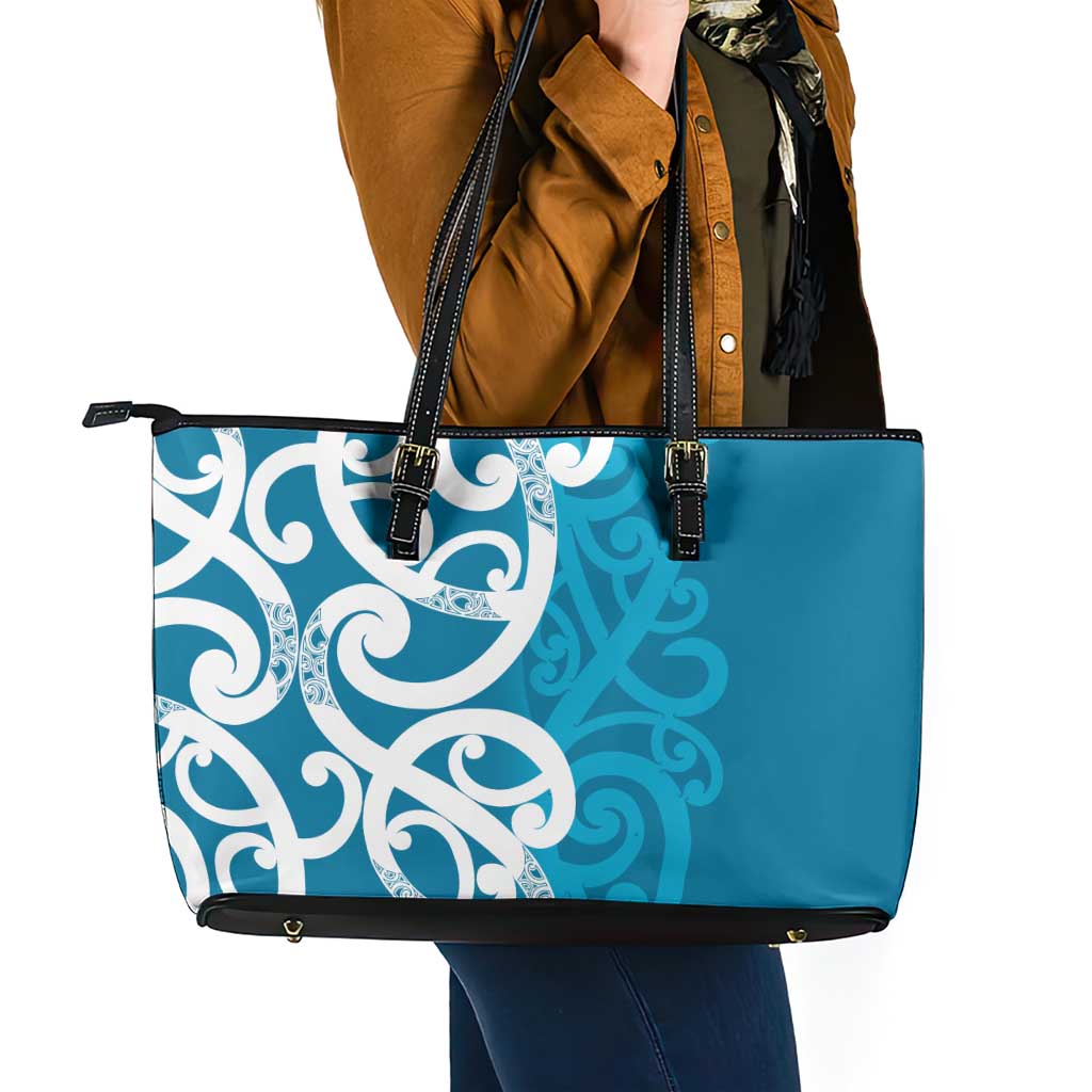 Azure Blue Maori Leather Tote Bag Koru Kowhaiwhai - Aussie Hoodie
