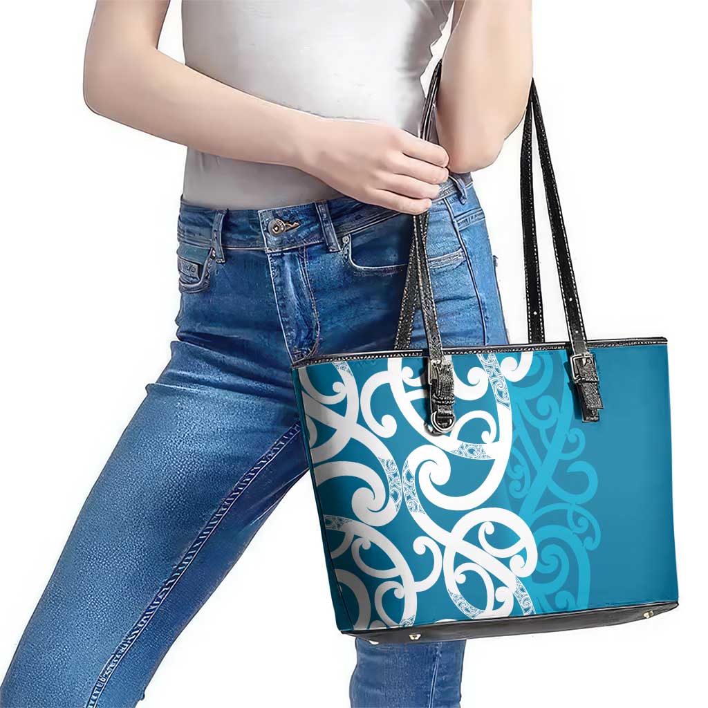 Azure Blue Maori Leather Tote Bag Koru Kowhaiwhai - Aussie Hoodie