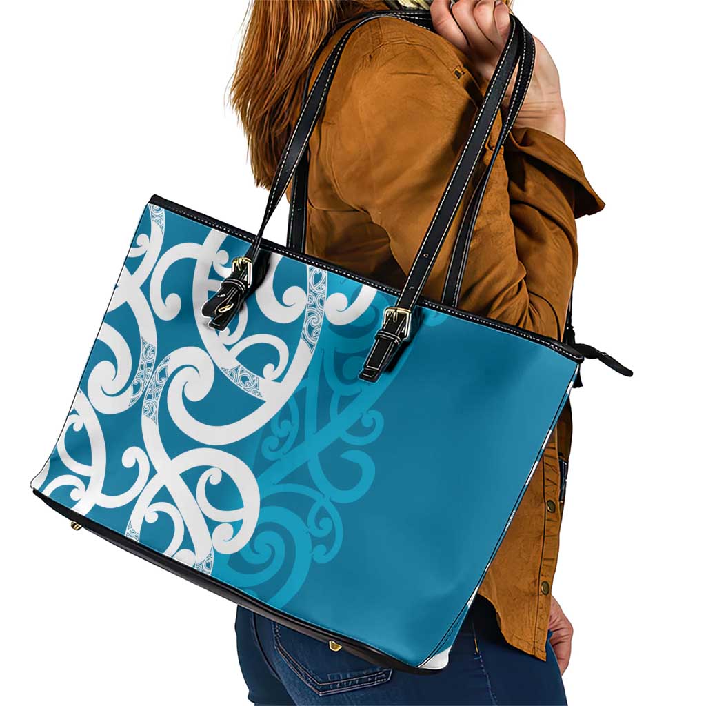 Azure Blue Maori Leather Tote Bag Koru Kowhaiwhai - Aussie Hoodie