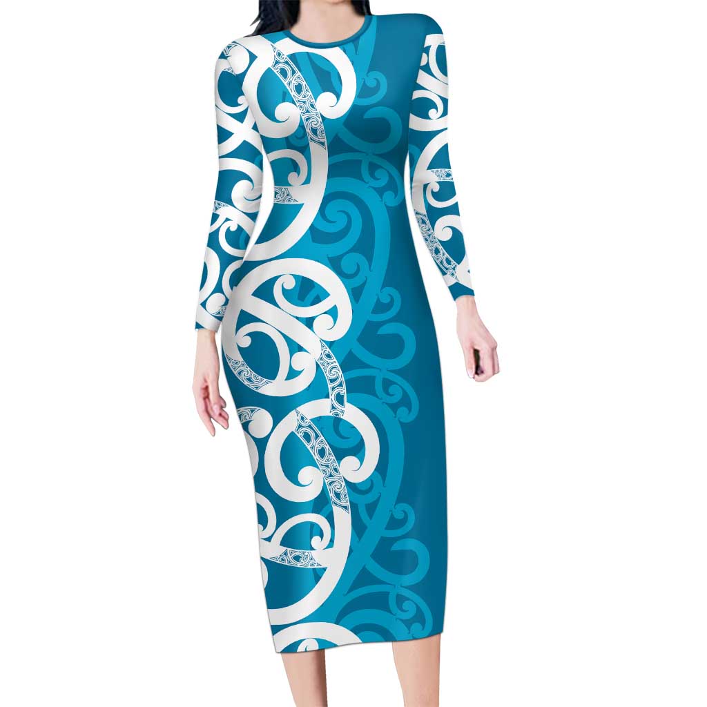 Azure Blue Maori Long Sleeve Bodycon Dress Koru Kowhaiwhai - Aussie Hoodie