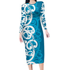 Azure Blue Maori Long Sleeve Bodycon Dress Koru Kowhaiwhai - Aussie Hoodie