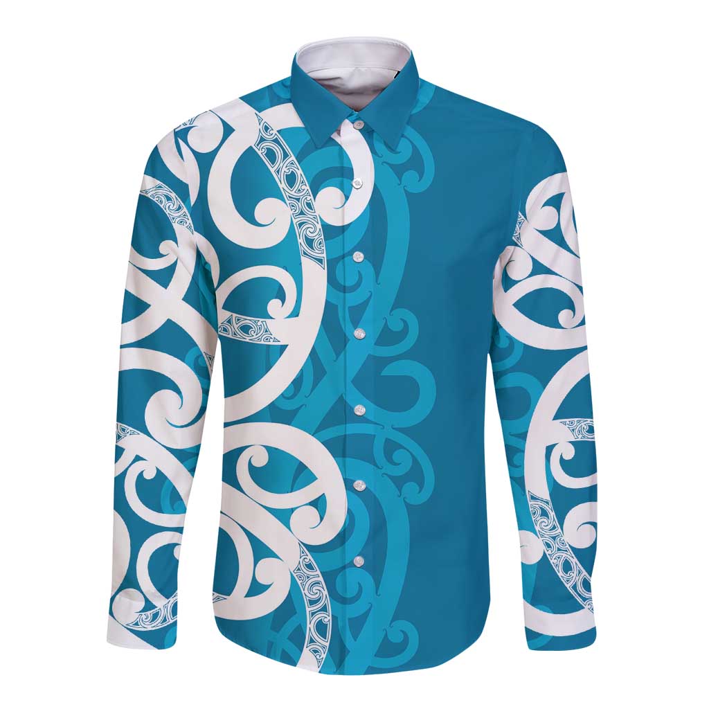 Azure Blue Maori Long Sleeve Button Shirt Koru Kowhaiwhai - Aussie Hoodie