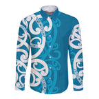 Azure Blue Maori Long Sleeve Button Shirt Koru Kowhaiwhai - Aussie Hoodie