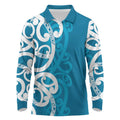 Azure Blue Maori Long Sleeve Polo Shirt Koru Kowhaiwhai - Aussie Hoodie