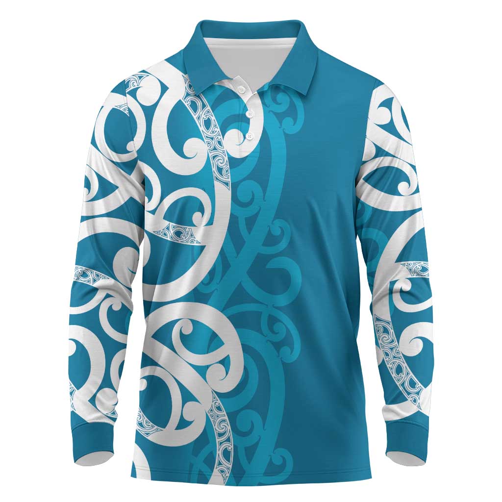 Azure Blue Maori Long Sleeve Polo Shirt Koru Kowhaiwhai - Aussie Hoodie