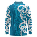 Azure Blue Maori Long Sleeve Polo Shirt Koru Kowhaiwhai - Aussie Hoodie