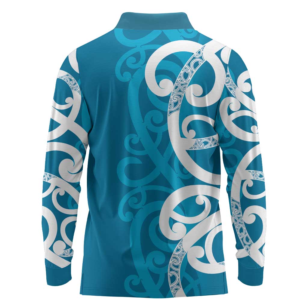 Azure Blue Maori Long Sleeve Polo Shirt Koru Kowhaiwhai - Aussie Hoodie