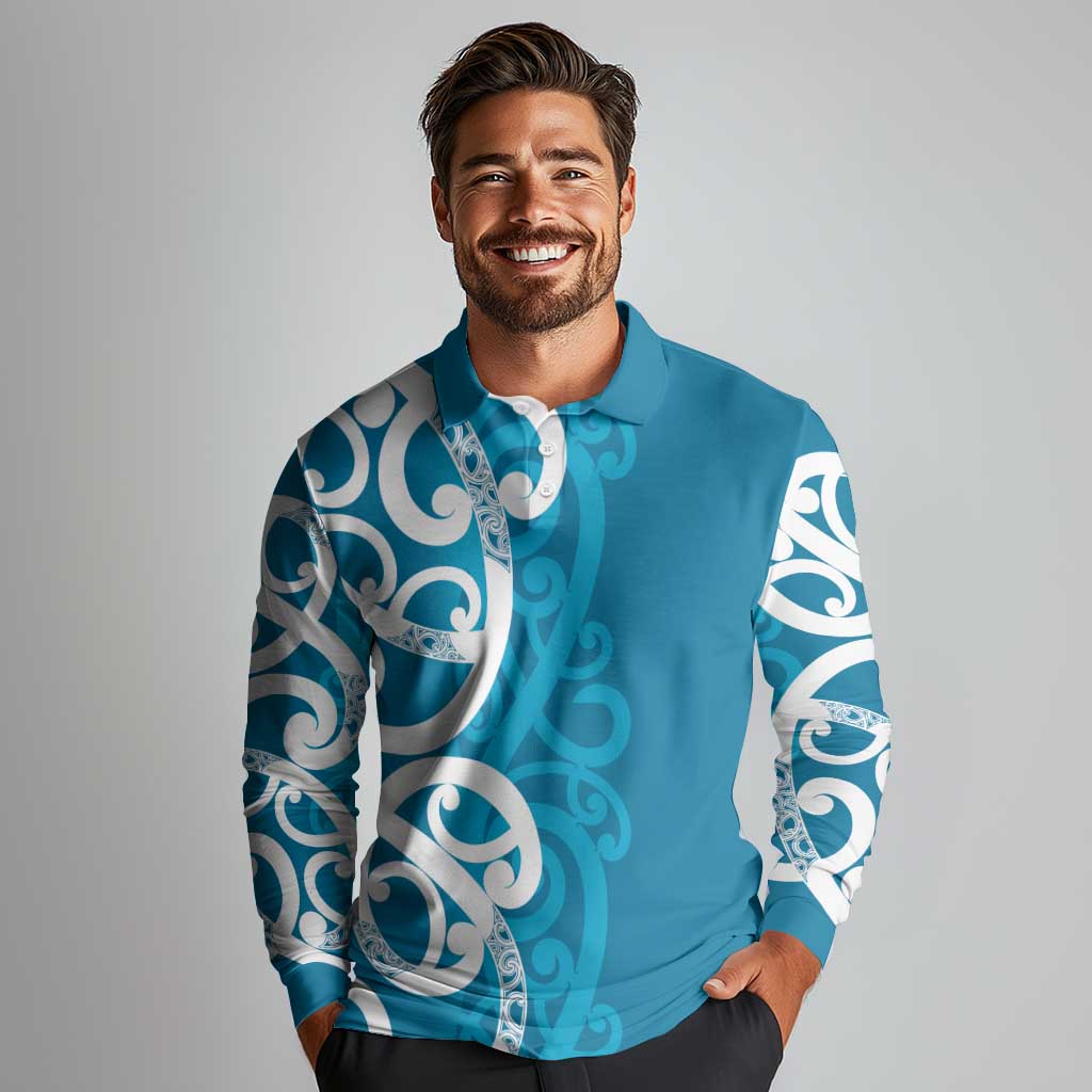 Azure Blue Maori Long Sleeve Polo Shirt Koru Kowhaiwhai - Aussie Hoodie