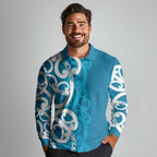 Azure Blue Maori Long Sleeve Polo Shirt Koru Kowhaiwhai - Aussie Hoodie
