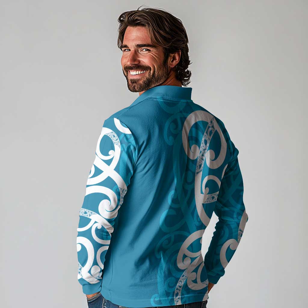 Azure Blue Maori Long Sleeve Polo Shirt Koru Kowhaiwhai - Aussie Hoodie