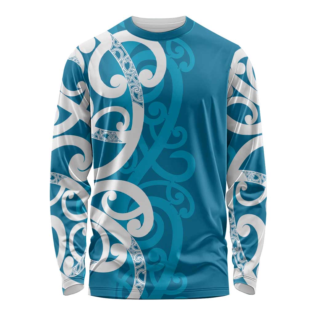 Azure Blue Maori Long Sleeve Shirt Koru Kowhaiwhai - Aussie Hoodie
