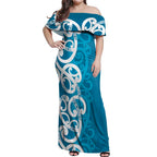 Azure Blue Maori Off Shoulder Maxi Dress Koru Kowhaiwhai - Aussie Hoodie