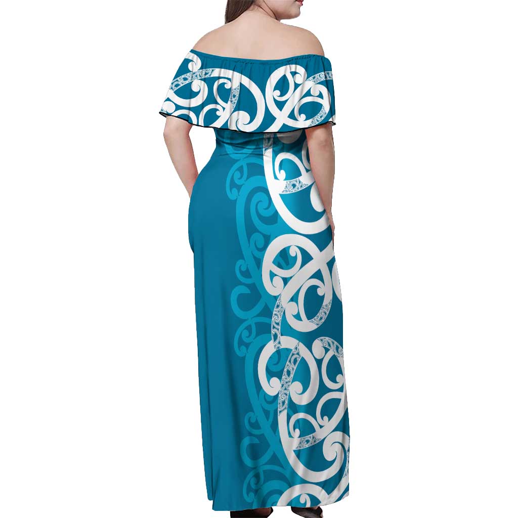 Azure Blue Maori Off Shoulder Maxi Dress Koru Kowhaiwhai - Aussie Hoodie