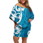 Azure Blue Maori Off Shoulder Short Dress Koru Kowhaiwhai - Aussie Hoodie