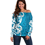 Azure Blue Maori Off Shoulder Sweater Koru Kowhaiwhai - Aussie Hoodie