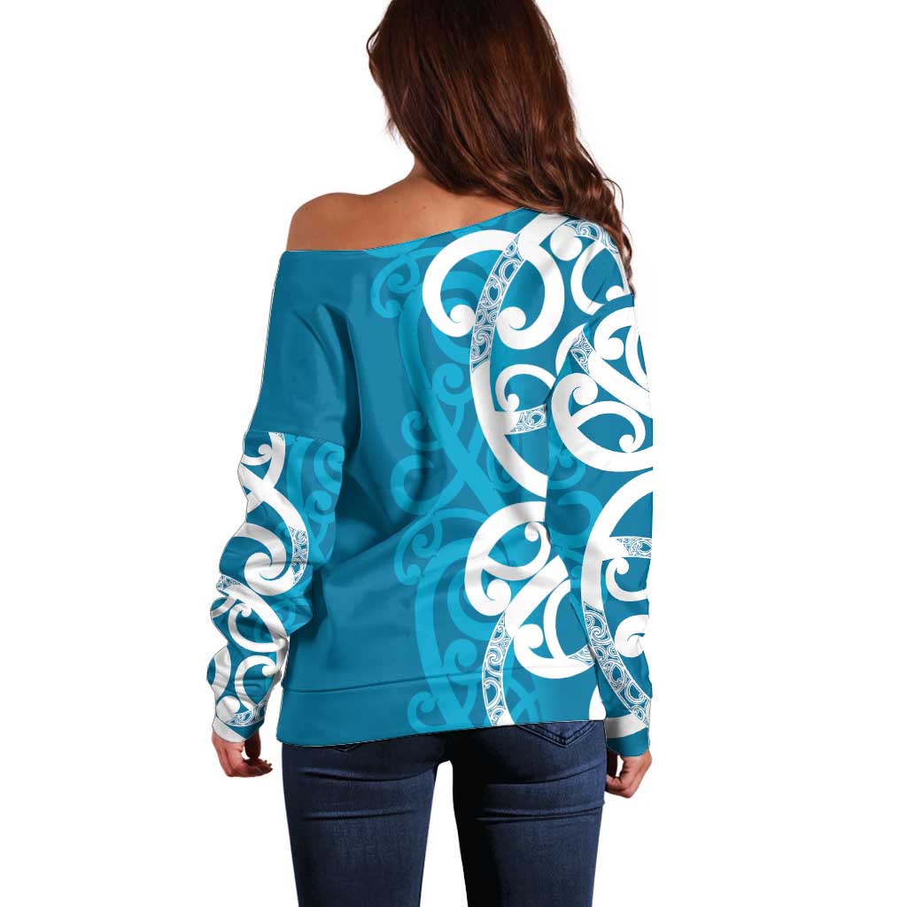 Azure Blue Maori Off Shoulder Sweater Koru Kowhaiwhai - Aussie Hoodie