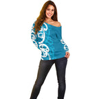 Azure Blue Maori Off Shoulder Sweater Koru Kowhaiwhai - Aussie Hoodie