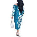 Azure Blue Maori Off The Shoulder Long Sleeve Dress Koru Kowhaiwhai - Aussie Hoodie
