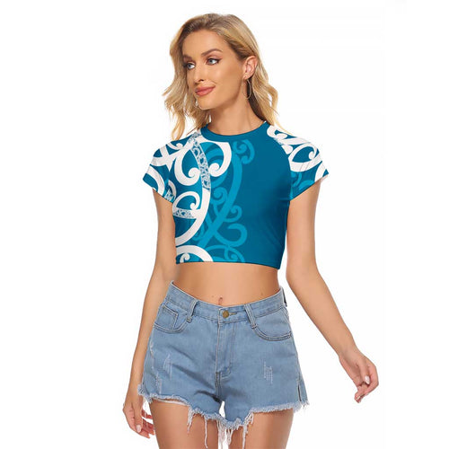 Azure Blue Maori Raglan Cropped T Shirt Koru Kowhaiwhai - Aussie Hoodie