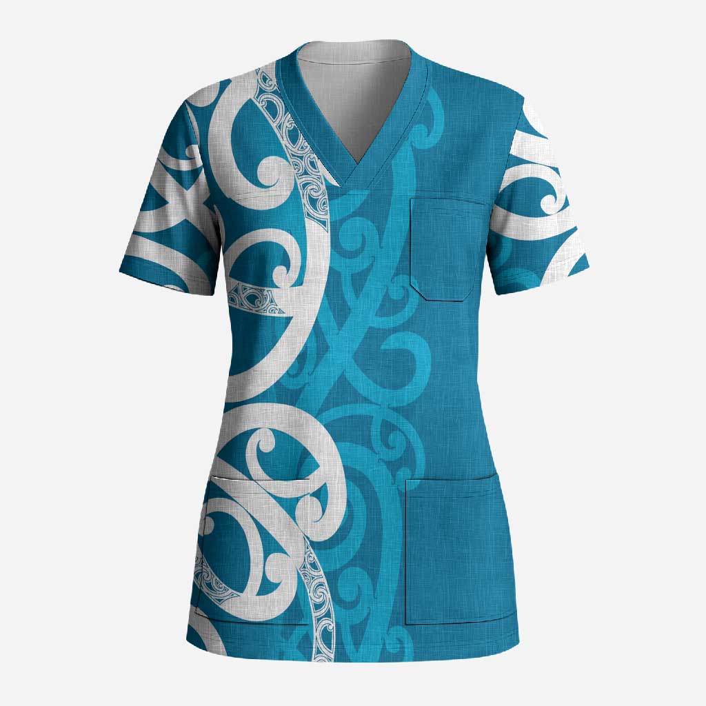 Azure Blue Maori Scrub Top Koru Kowhaiwhai - Aussie Hoodie