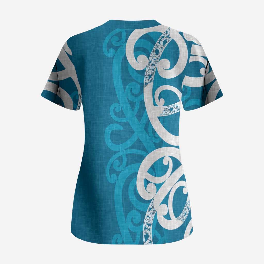 Azure Blue Maori Scrub Top Koru Kowhaiwhai - Aussie Hoodie