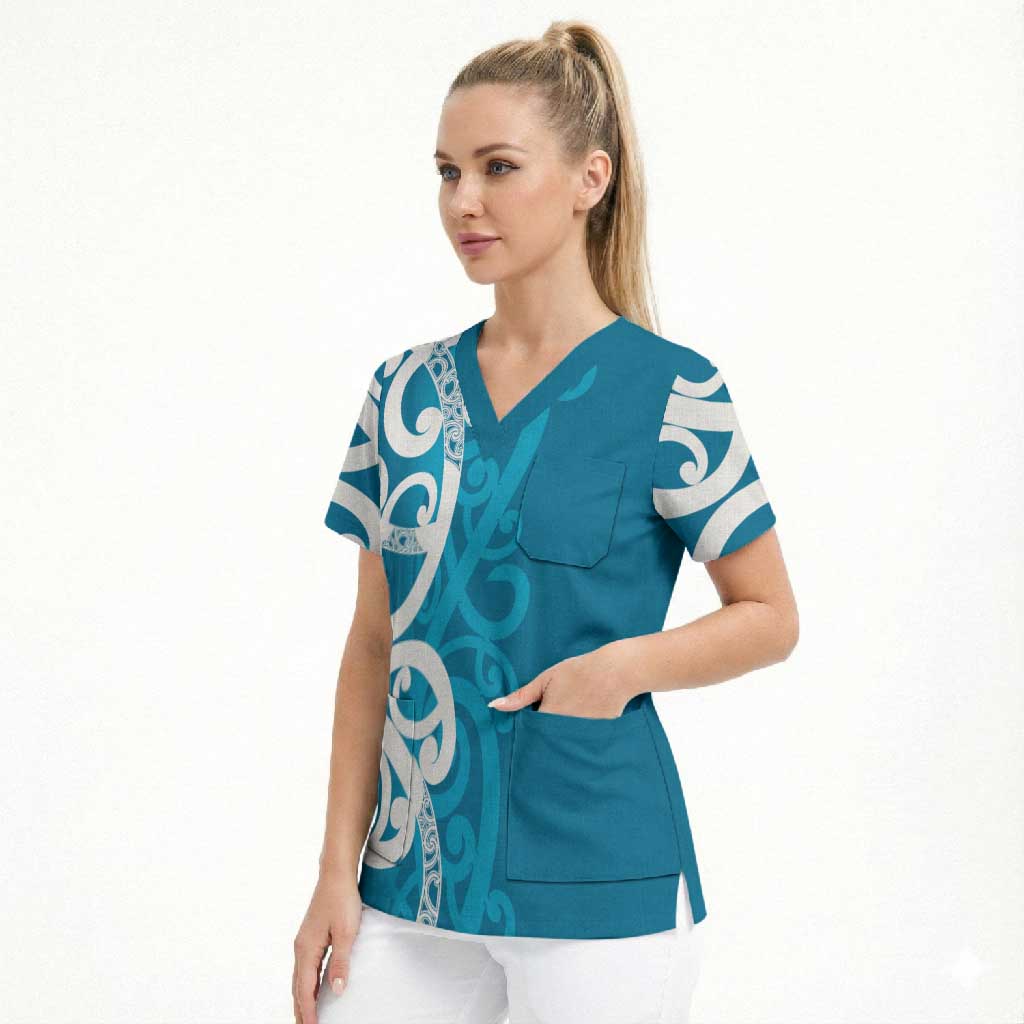 Azure Blue Maori Scrub Top Koru Kowhaiwhai - Aussie Hoodie