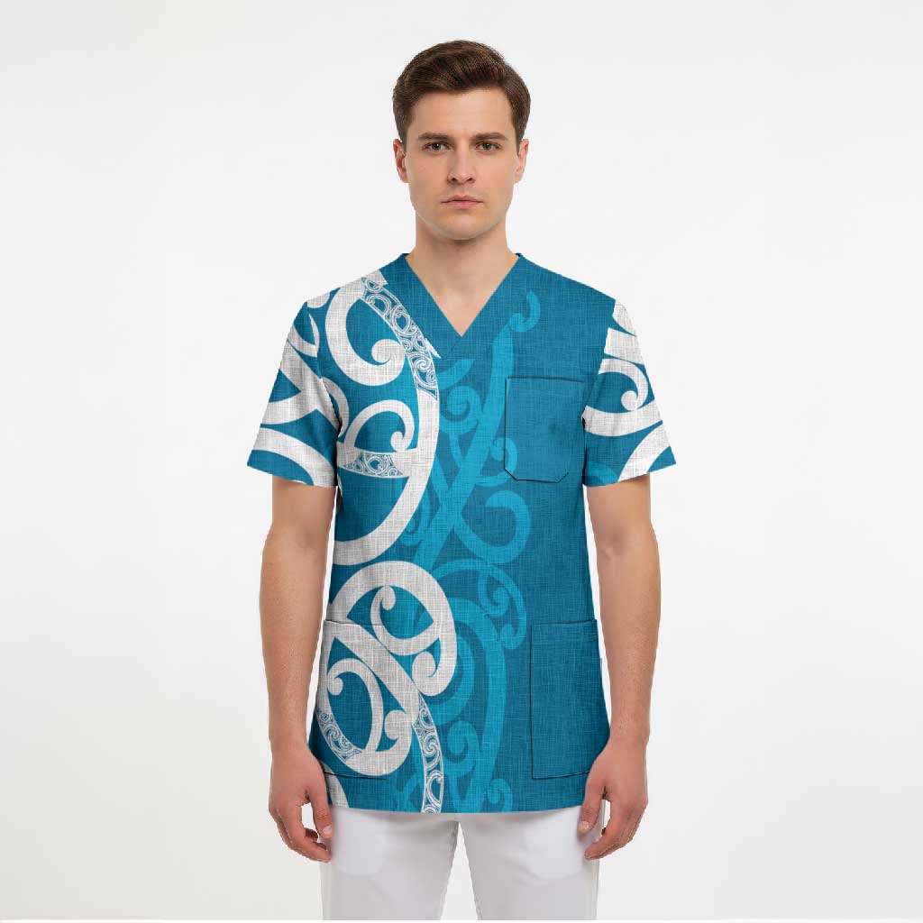 Azure Blue Maori Scrub Top Koru Kowhaiwhai - Aussie Hoodie
