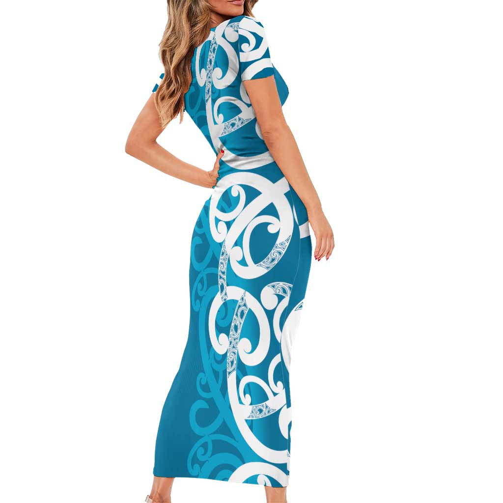 Azure Blue Maori Short Sleeve Bodycon Dress Koru Kowhaiwhai - Aussie Hoodie