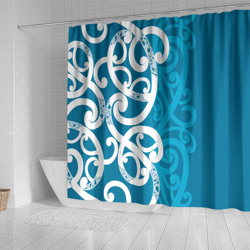 Azure Blue Maori Shower Curtain Koru Kowhaiwhai - Aussie Hoodie