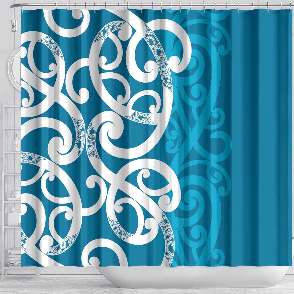 Azure Blue Maori Shower Curtain Koru Kowhaiwhai - Aussie Hoodie