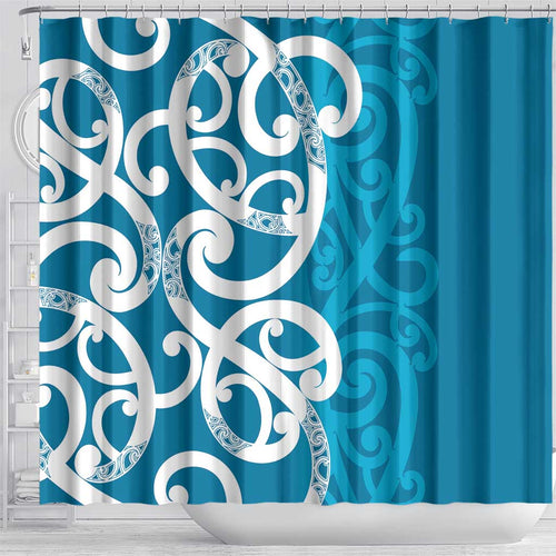 Azure Blue Maori Shower Curtain Koru Kowhaiwhai - Aussie Hoodie