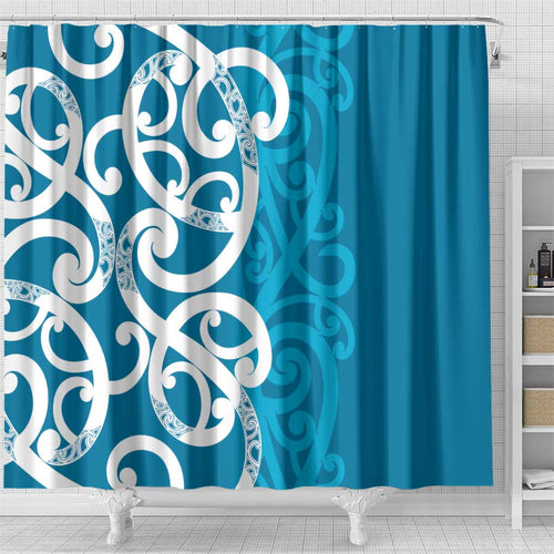 Azure Blue Maori Shower Curtain Koru Kowhaiwhai - Aussie Hoodie
