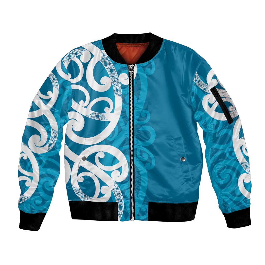 Azure Blue Maori Sleeve Zip Bomber Jacket Koru Kowhaiwhai - Aussie Hoodie