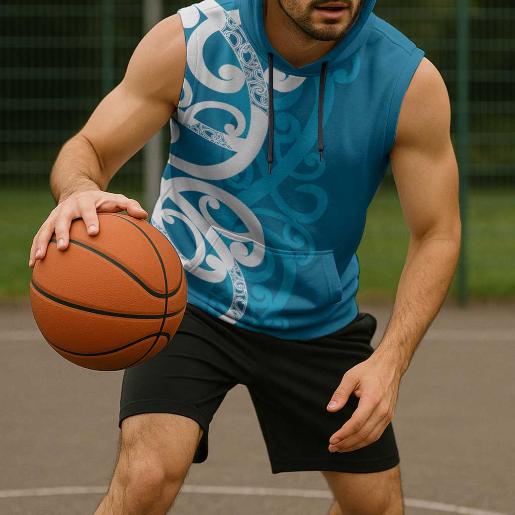 Azure Blue Maori Sleeveless Hoodie Koru Kowhaiwhai - Aussie Hoodie