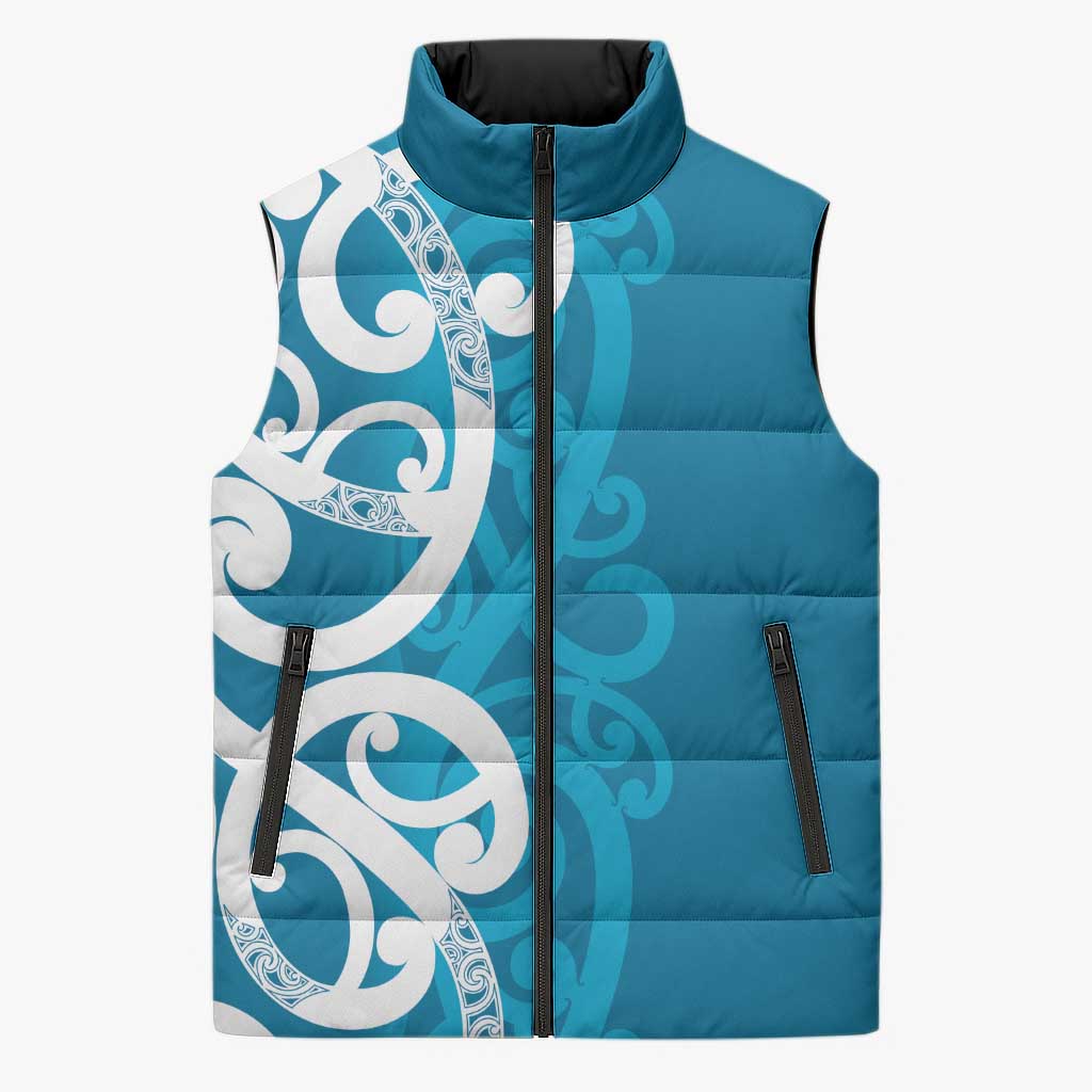 Azure Blue Maori Sleeveless Puffer Jacket Koru Kowhaiwhai - Aussie Hoodie