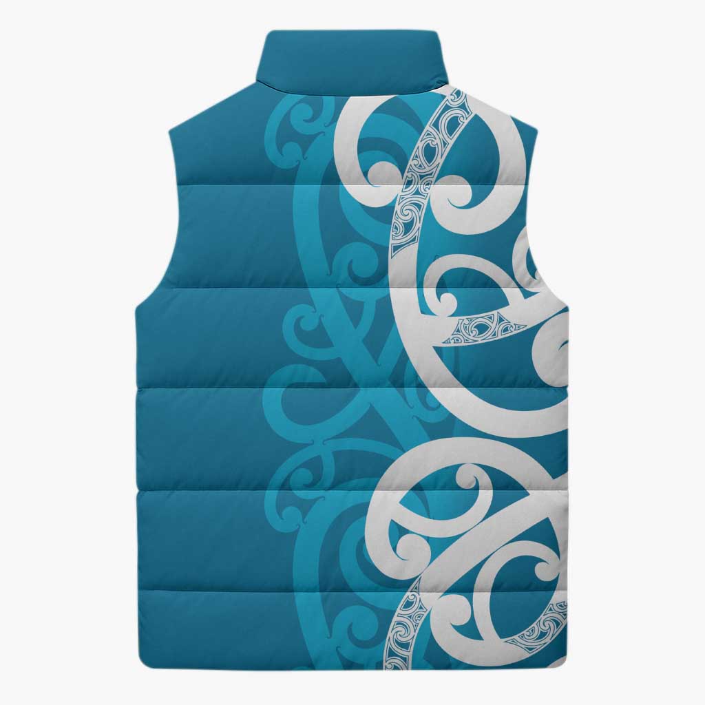 Azure Blue Maori Sleeveless Puffer Jacket Koru Kowhaiwhai - Aussie Hoodie