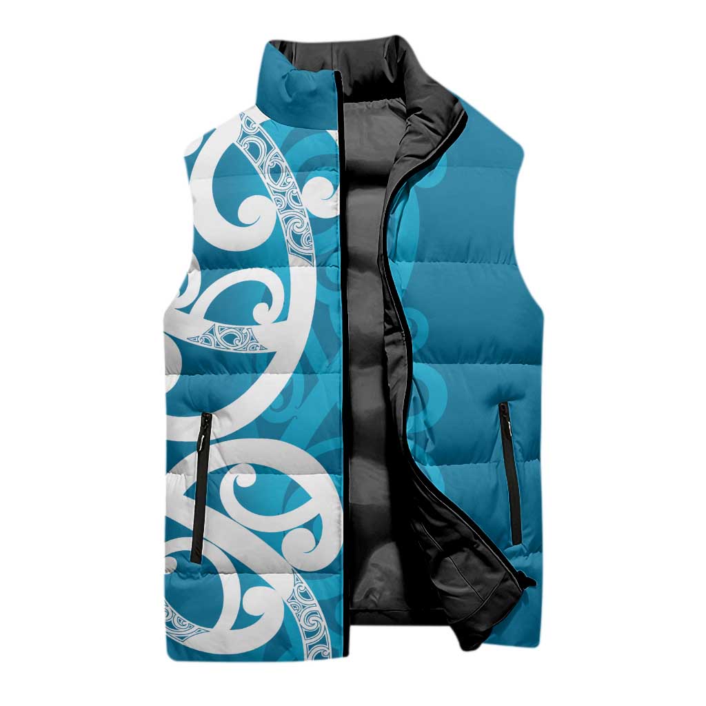 Azure Blue Maori Sleeveless Puffer Jacket Koru Kowhaiwhai - Aussie Hoodie