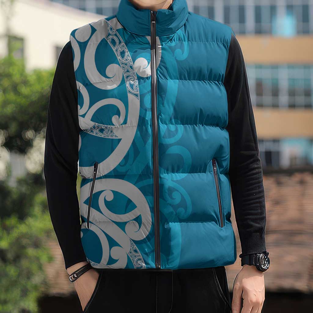 Azure Blue Maori Sleeveless Puffer Jacket Koru Kowhaiwhai - Aussie Hoodie