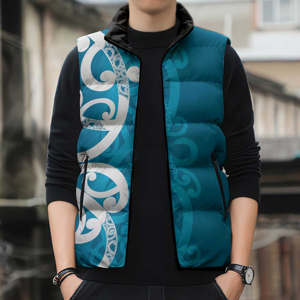 Azure Blue Maori Sleeveless Puffer Jacket Koru Kowhaiwhai - Aussie Hoodie