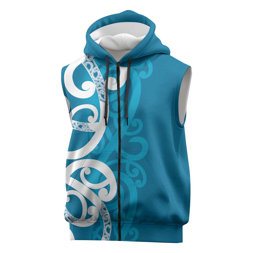 Azure Blue Maori Sleeveless Zip Hoodie Koru Kowhaiwhai - Aussie Hoodie