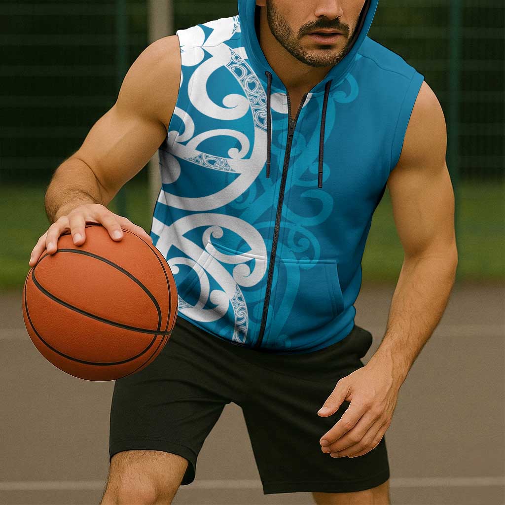 Azure Blue Maori Sleeveless Zip Hoodie Koru Kowhaiwhai - Aussie Hoodie