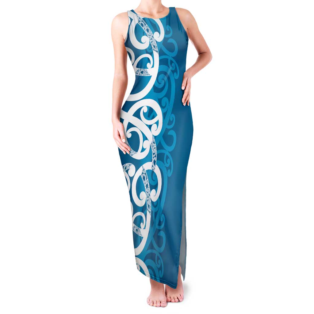 Azure Blue Maori Tank Maxi Dress Koru Kowhaiwhai - Aussie Hoodie