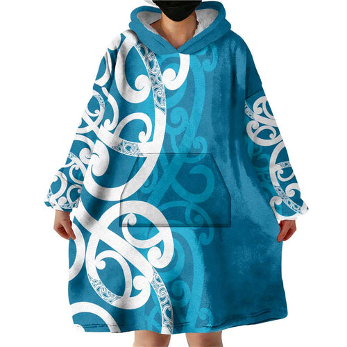 Azure Blue Maori Wearable Blanket Hoodie Koru Kowhaiwhai - Aussie Hoodie