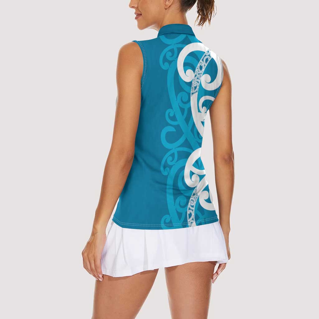 Azure Blue Maori Women Sleeveless Polo Shirt Koru Kowhaiwhai - Aussie Hoodie