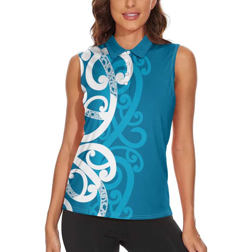 Azure Blue Maori Women Sleeveless Polo Shirt Koru Kowhaiwhai - Aussie Hoodie