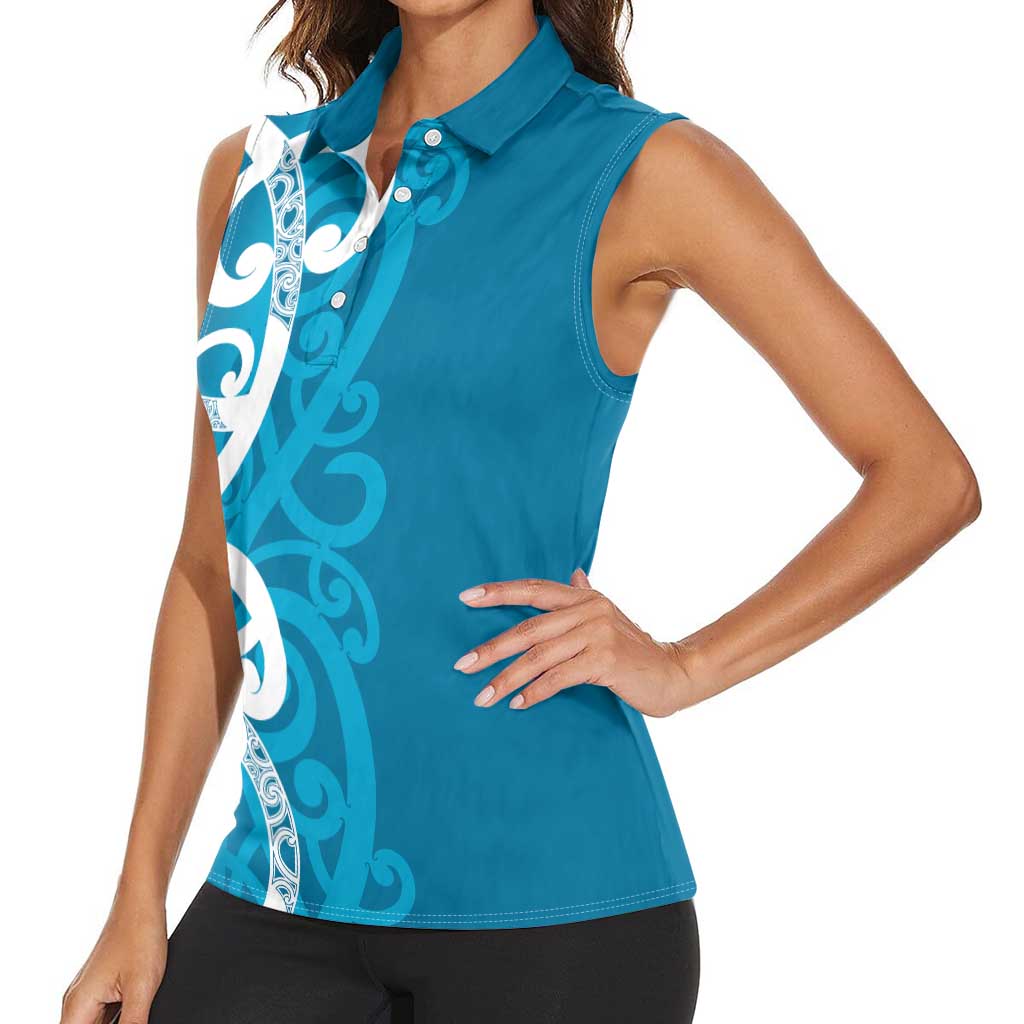 Azure Blue Maori Women Sleeveless Polo Shirt Koru Kowhaiwhai - Aussie Hoodie