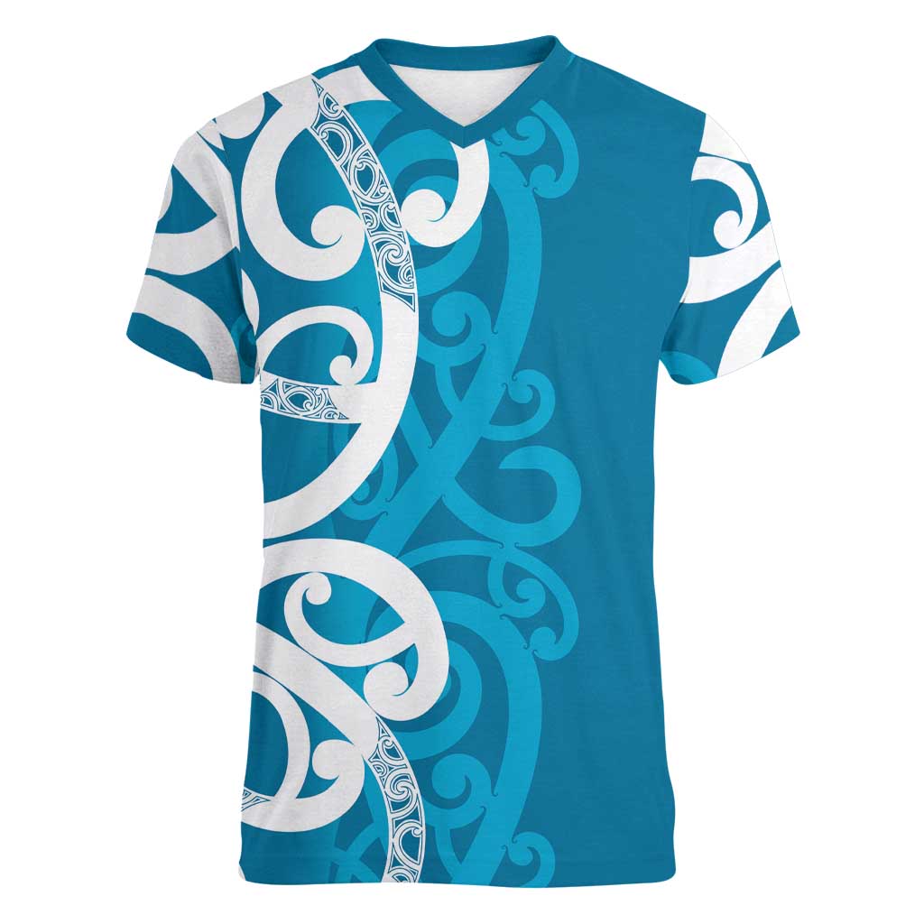 Azure Blue Maori Women V-Neck T-Shirt Koru Kowhaiwhai - Aussie Hoodie